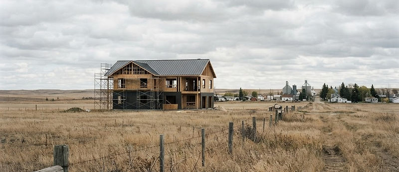 Alberta prairie with a modern building under construction on the horizon