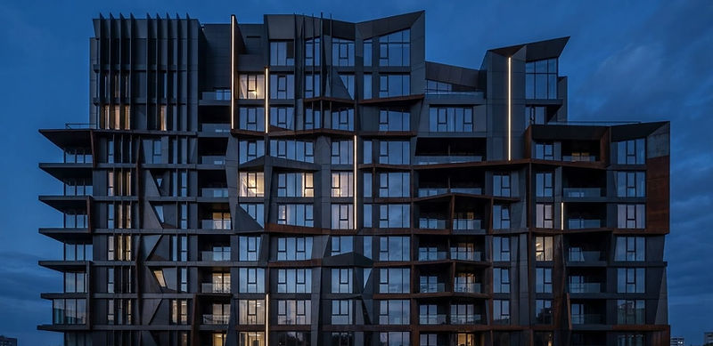 Modern building facade at blue hour