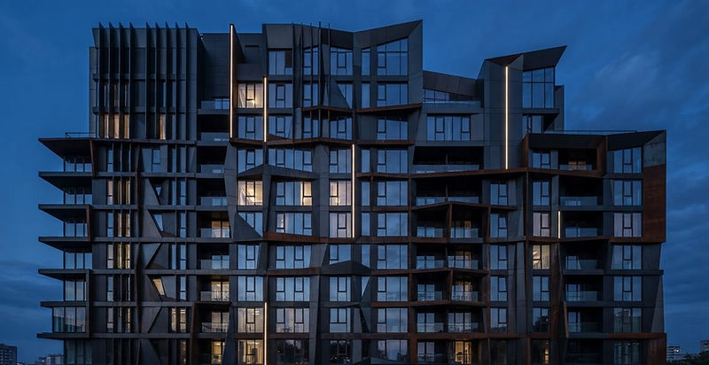 Modern building facade at blue hour