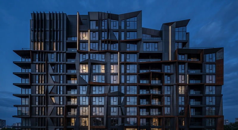 Modern building facade at blue hour