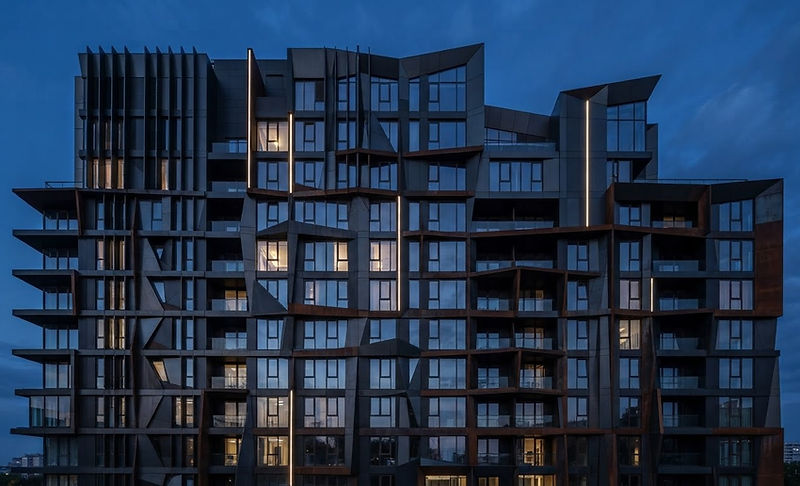 Modern building facade at blue hour