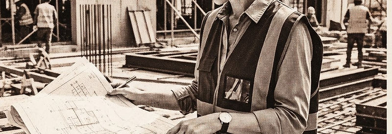 Rolled construction drawings, a scale rule and a hard hat on a concrete planning desk