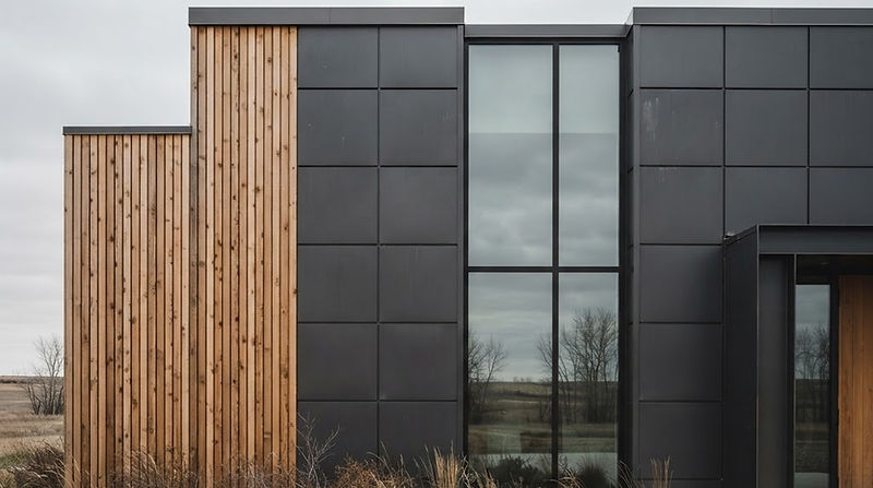Contemporary Alberta building facade in dark metal cladding and warm cedar