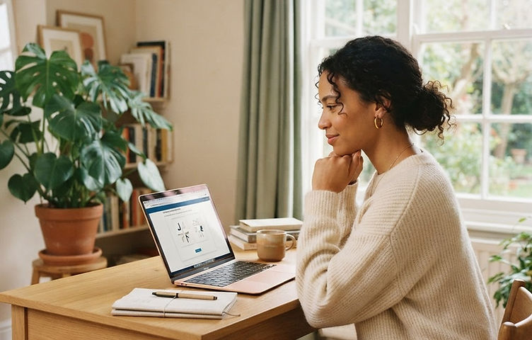 A woman thoughtfully completing an assessment in a bright, peaceful study