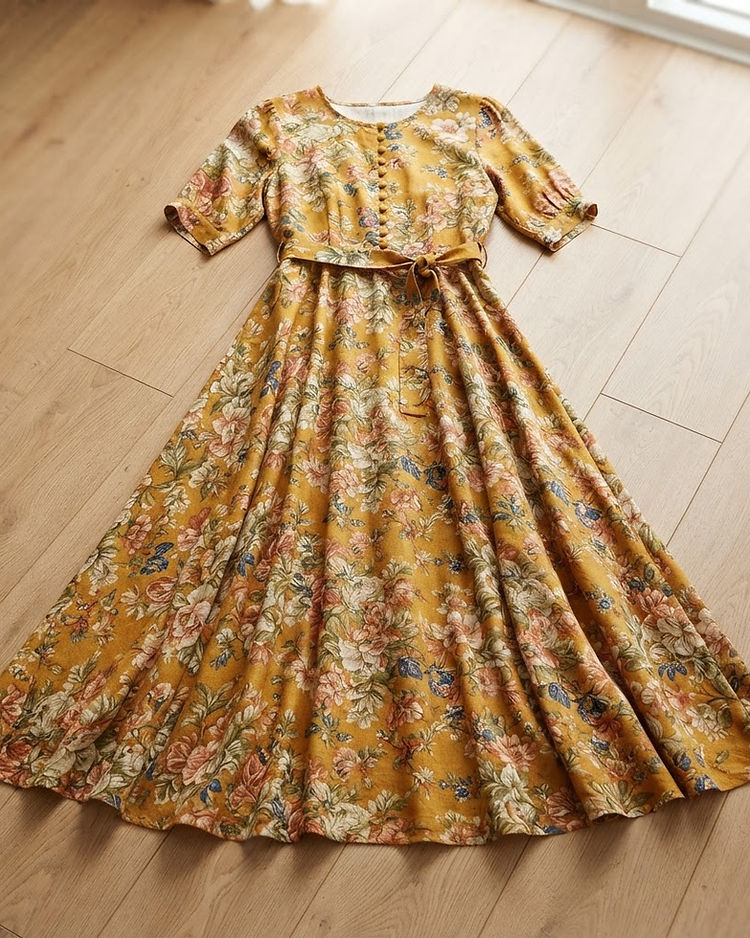Women's Floral Print Maxi Dress — Mustard (Mustard), product photo