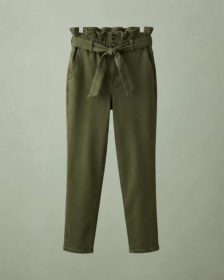 Women's Stretch Denim Paperbag Waist Trousers — Olive (Olive), product photo