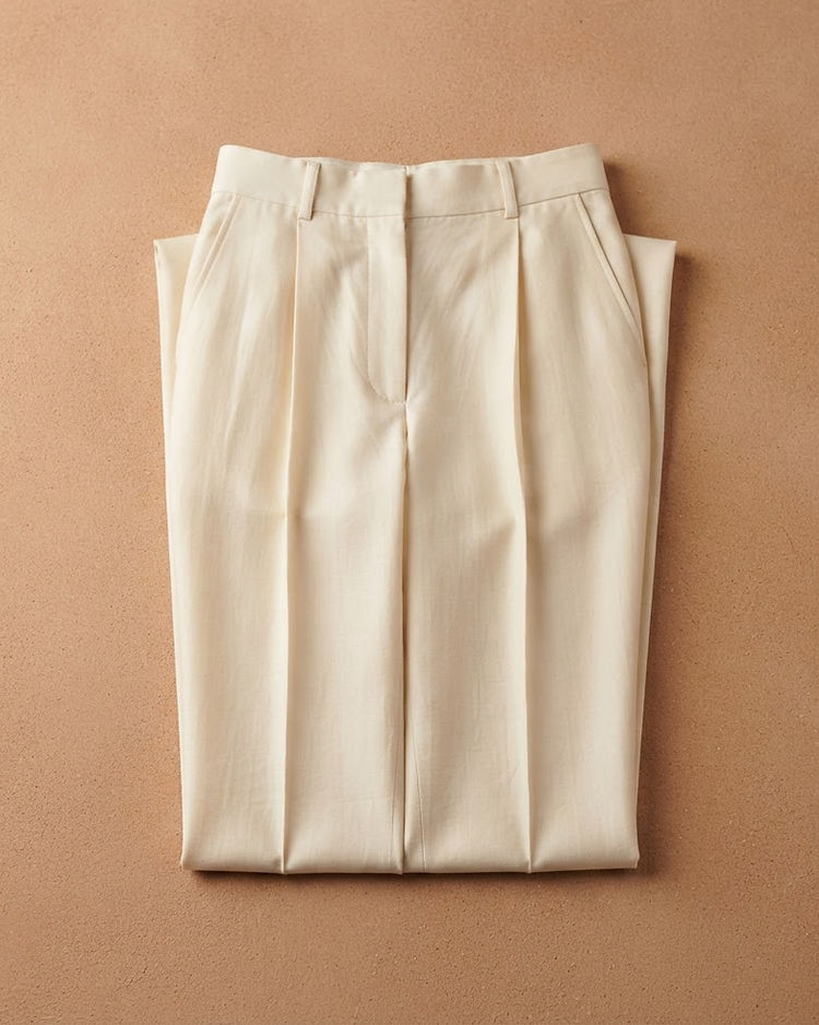 Women's Cotton Silk Pleated Trousers — Cream (Cream), product photo