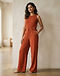 Women's Crepe Wide-Leg Jeans — Rust (Rust), worn or held by model