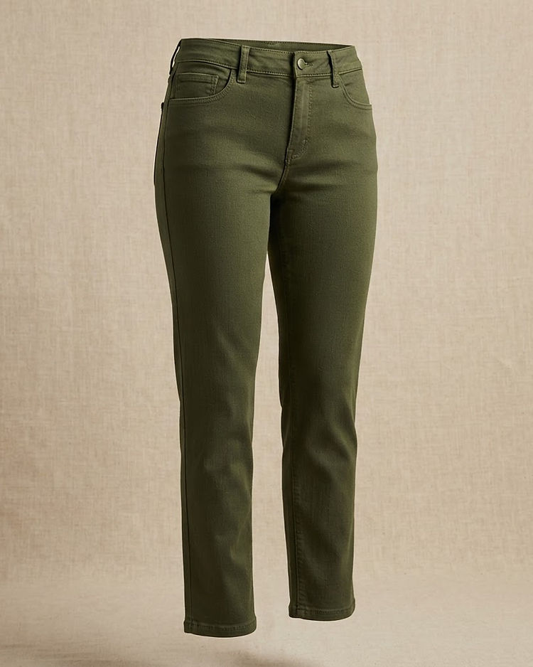Women's Stretch Denim Linen Blend Trousers — Olive (Olive), product photo