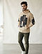 Men's Stretch Denim Graphic Hoodie — Beige (Beige), worn or held by model