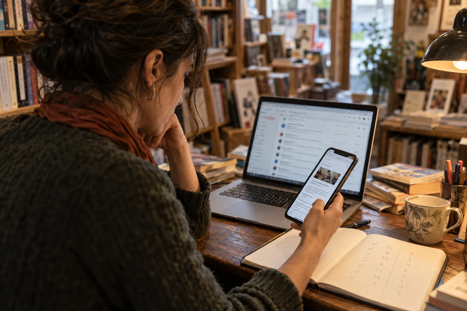 Une libraire vérifie une newsletter sur téléphone et les réponses de ses clients sur son ordinateur.