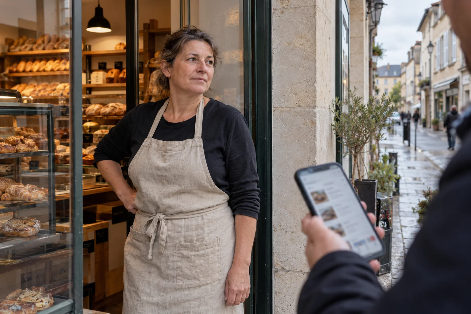 Une boulangerie indépendante et un client consultant une recherche locale sur son téléphone.