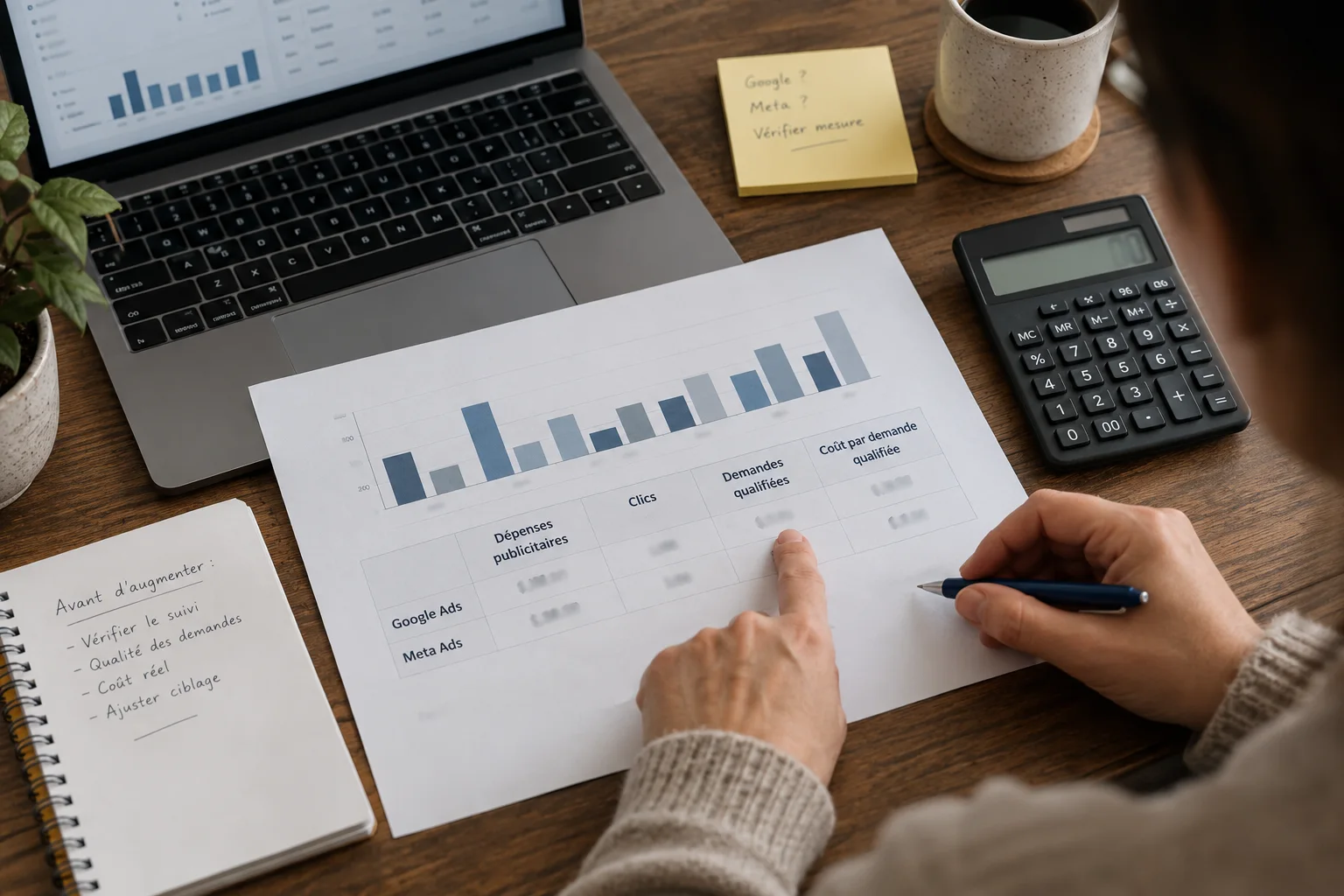 Une personne compare dépenses publicitaires et demandes reçues sur un rapport avec une calculatrice.