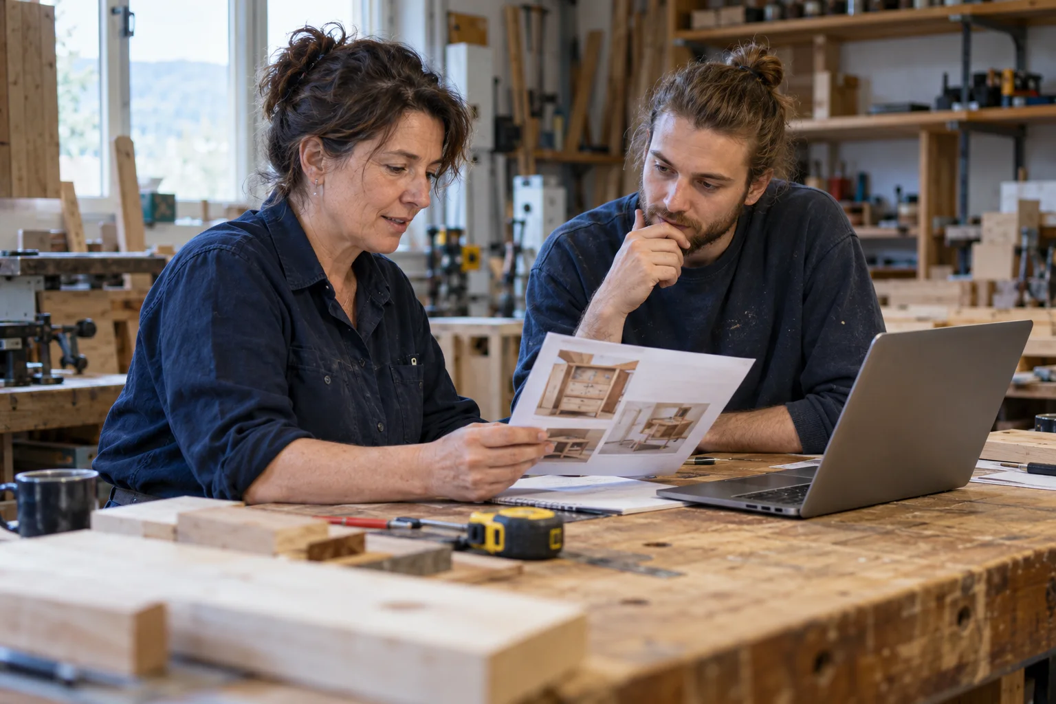 Une dirigeante et un collègue relisent un projet de communication dans leur atelier de menuiserie.