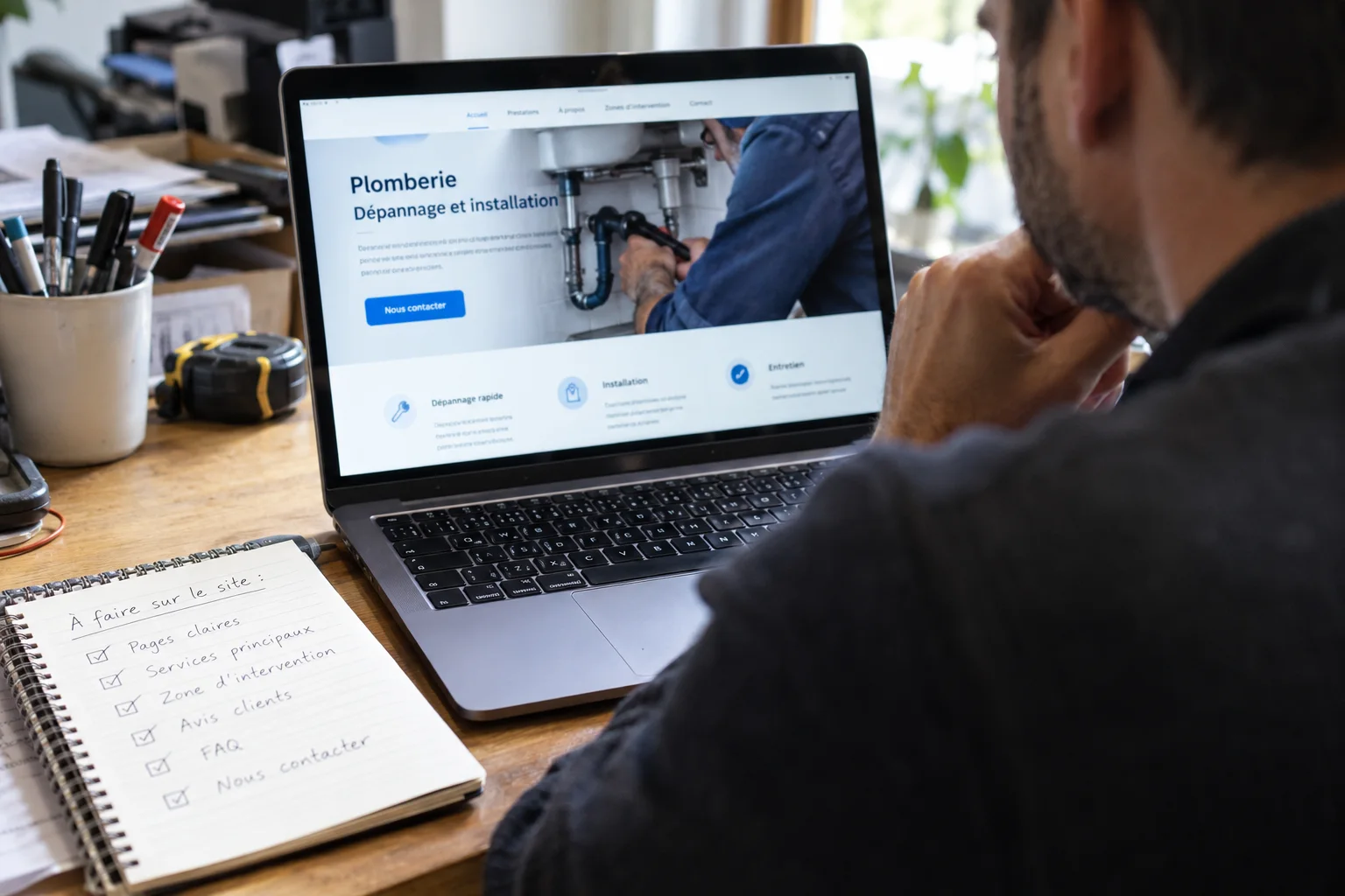 Un professionnel vérifie la page de son entreprise sur un ordinateur avec une liste de contrôle à côté.