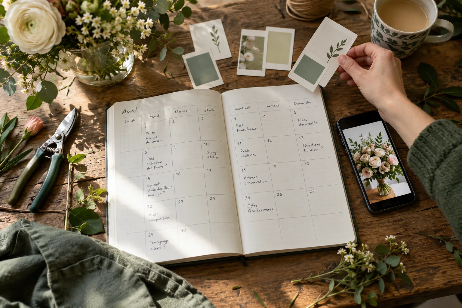 Une petite équipe prépare un mois de publications à une table de travail.
