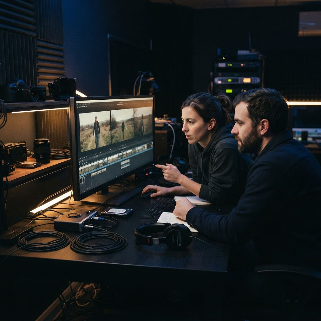 Light&Salt media team reviewing footage together