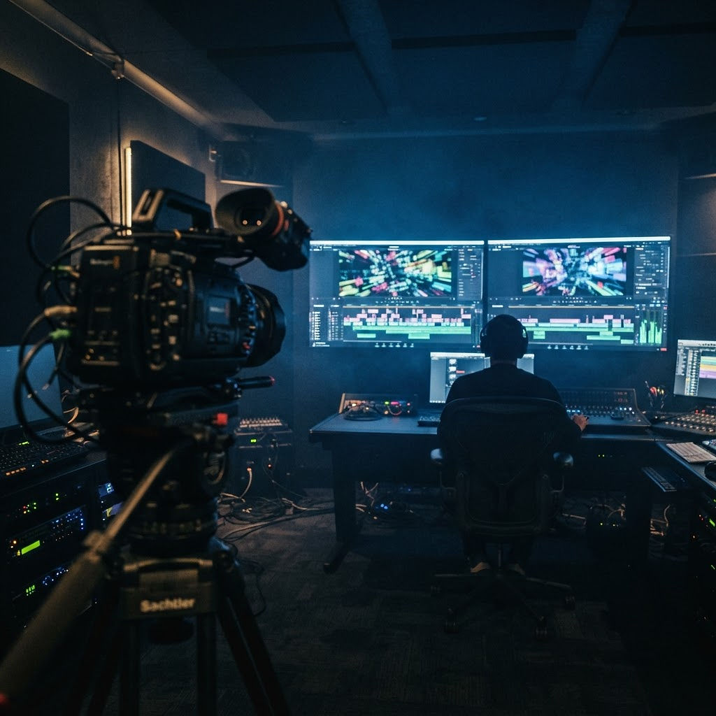 Professional production camera and studio monitors in a media studio