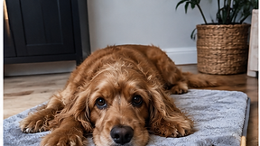 Dog resting on the grey heated mat on a wooden floor