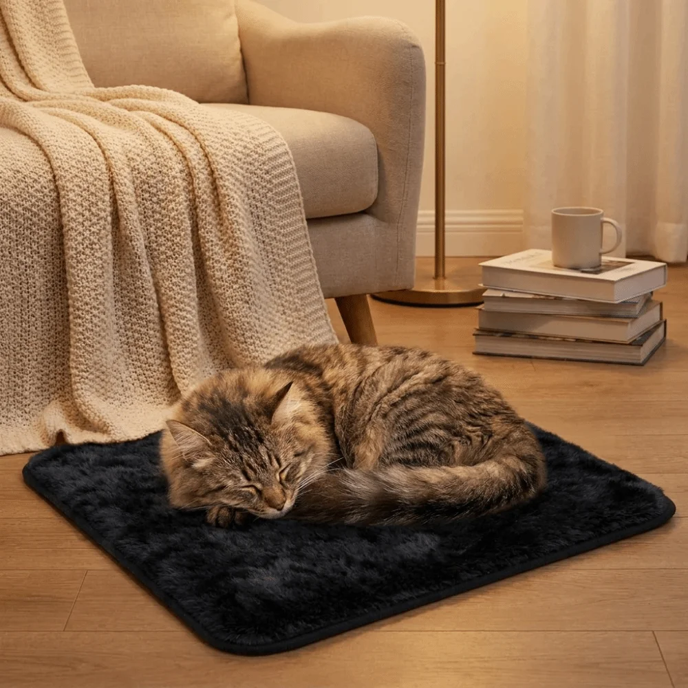 Cat sleeping on the black heated mat beside an armchair