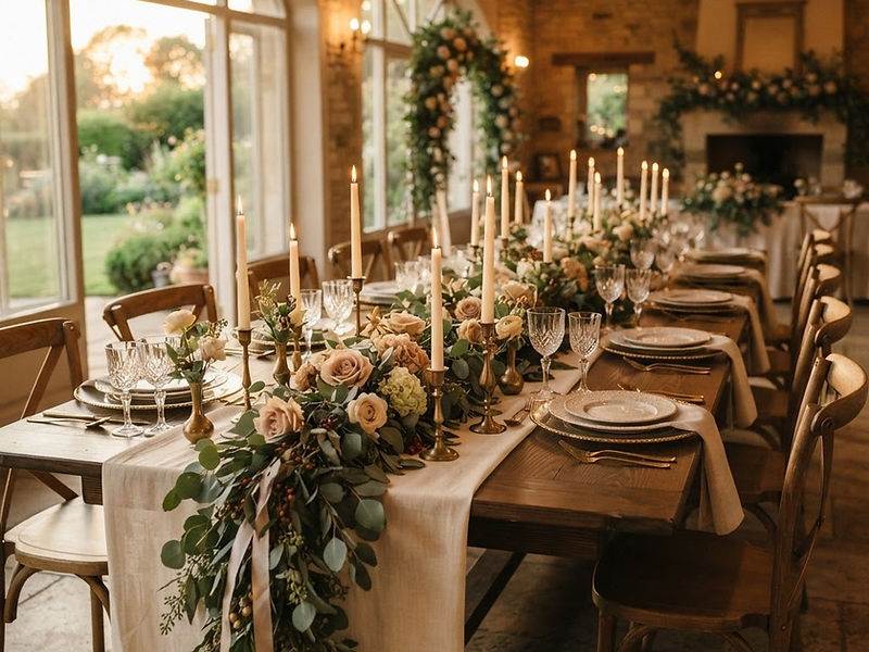 An elegantly styled event table with ivory linens, olive greenery, and warm candlelight