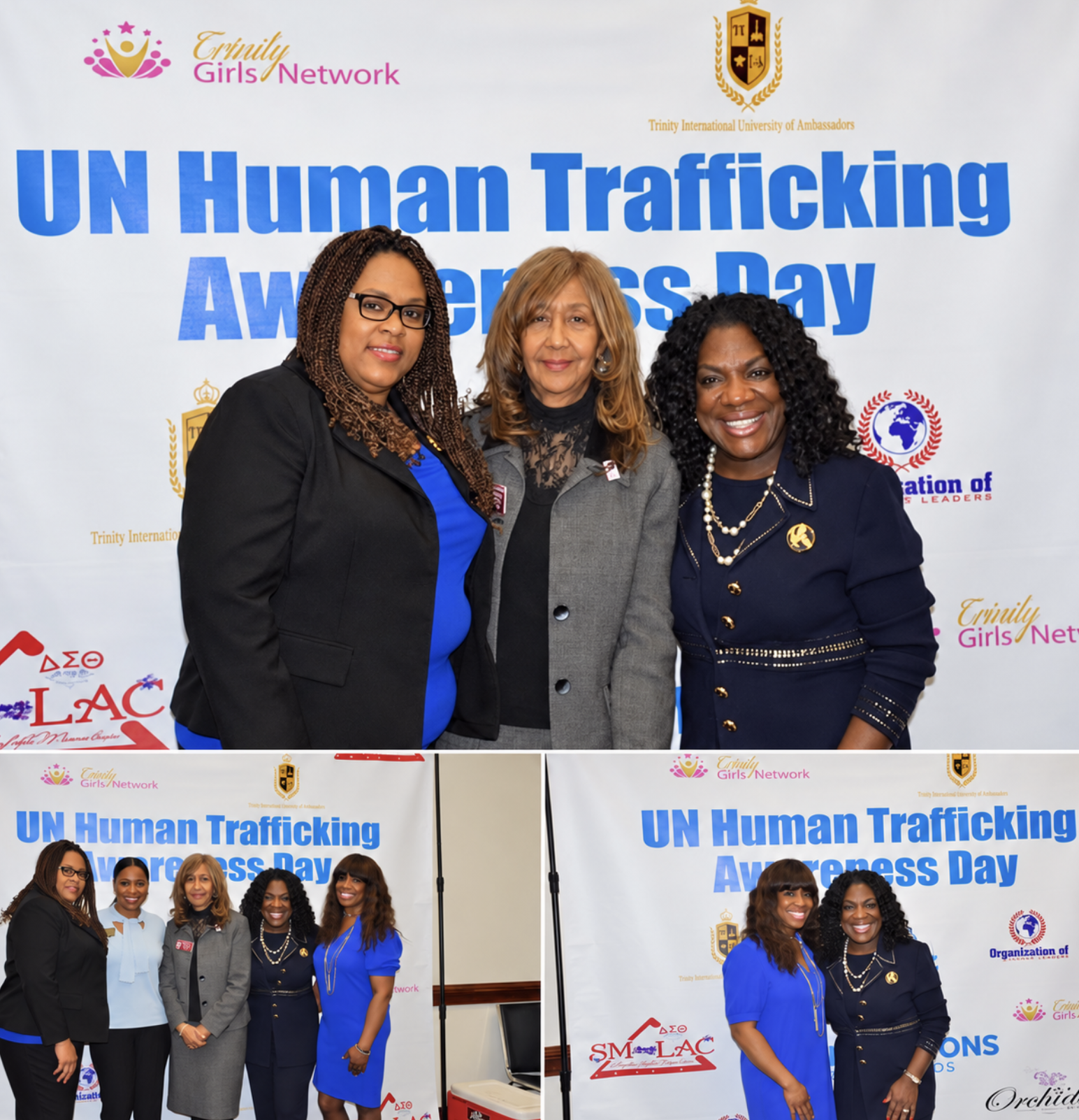 Advocates gathered at the UN Human Trafficking Awareness Day banner with Trinity Girls Network and Trinity International University of Ambassadors