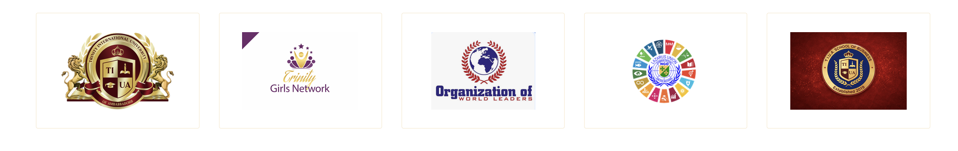 Partner organizations: Trinity International University of Ambassadors, Trinity Girls Network, Organization of World Leaders, Lazarus Union, and TIUA School of Business
