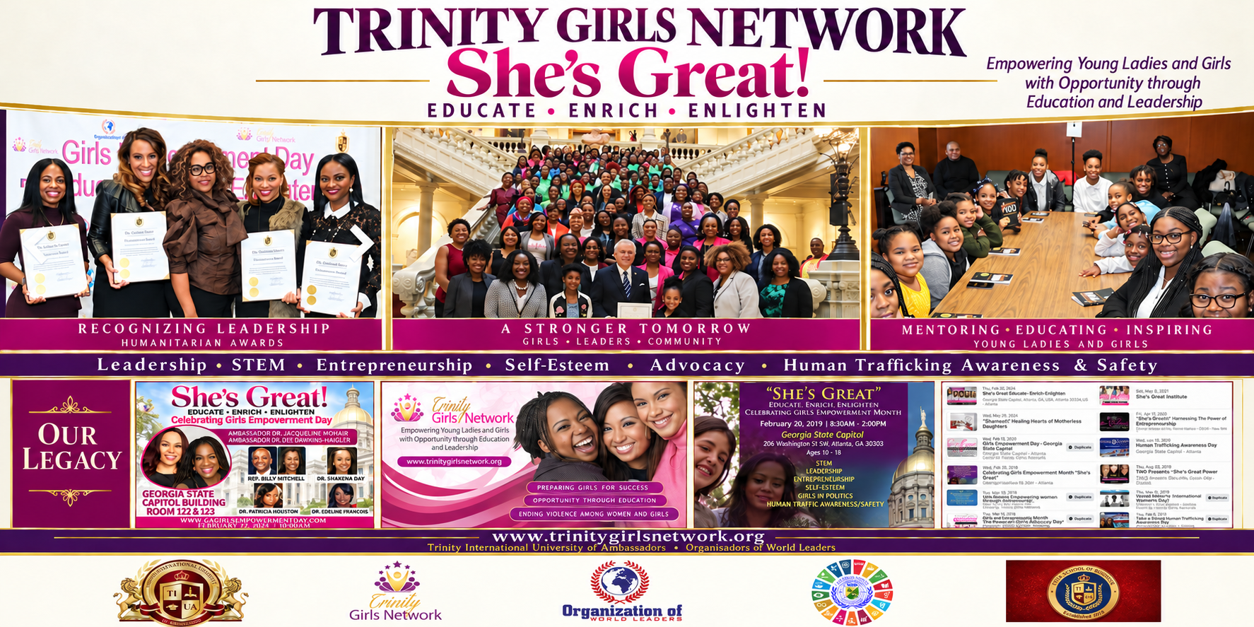 Trinity Girls Network banner: She's Great! Educate, Enrich, Enlighten — empowering young ladies and girls through education and leadership