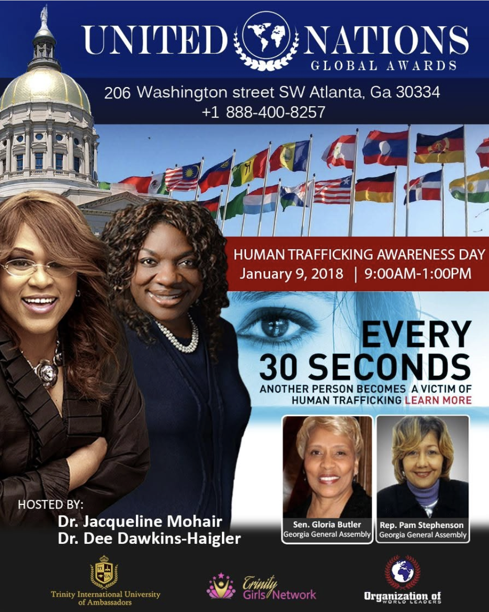 Human Trafficking Awareness Day flyer, January 9, 2018, hosted by Dr. Jacqueline Mohair and Dr. Dee Dawkins-Haigler at the Georgia State Capitol