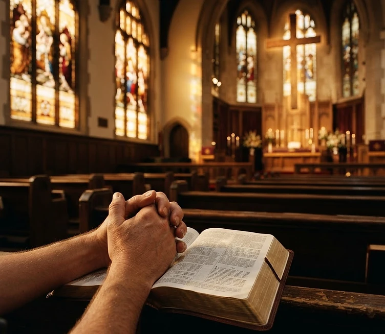 A sanctuary cross backlit by morning light with hands clasped in prayer over an open Bible