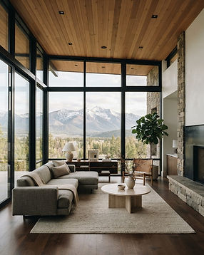 Modern living room with windows framing the Montana mountains