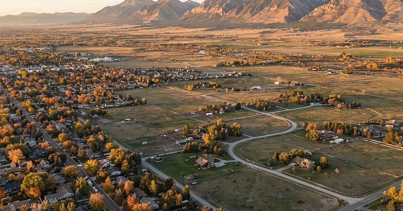 Aerial view of Bozeman neighborhoods at golden hour with the Bridger Mountains in the background