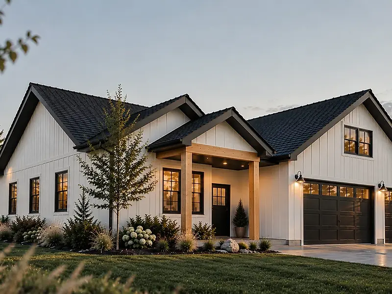 Modern Bozeman Montana farmhouse at dusk with mountain sunset backdrop