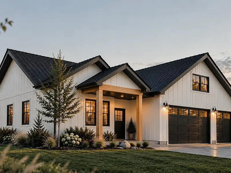 Modern Bozeman Montana farmhouse at dusk with mountain sunset backdrop