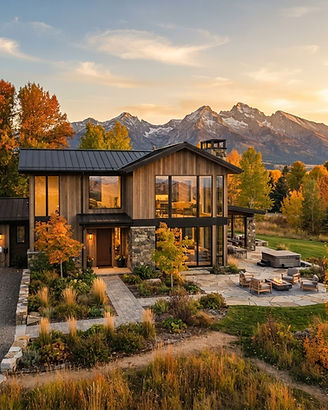 Modern single-family home in Bozeman, Montana at golden hour with the Bridger Mountains in the background