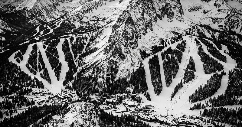 Aerial view of a Montana ski resort in winter