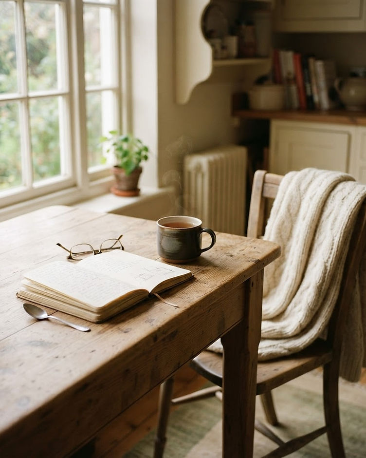 A quiet wooden table by a window with an open notebook and a cup of tea