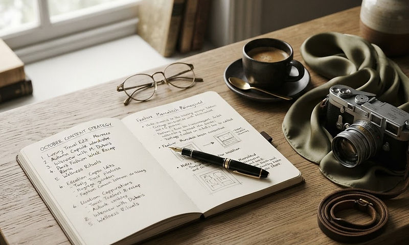 Art-directed content production desk with notebook, fountain pen and olive silk scarf