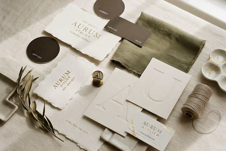 Brand identity moodboard with ivory and espresso swatches, olive fabric and gold typography specimens