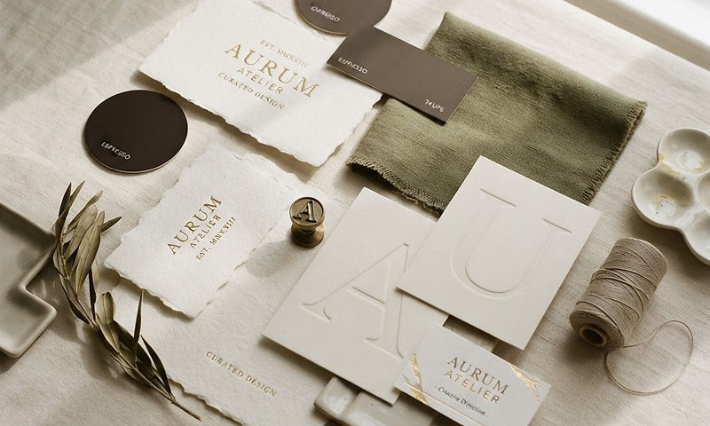 Brand identity moodboard with ivory and espresso swatches, olive fabric and gold typography specimens