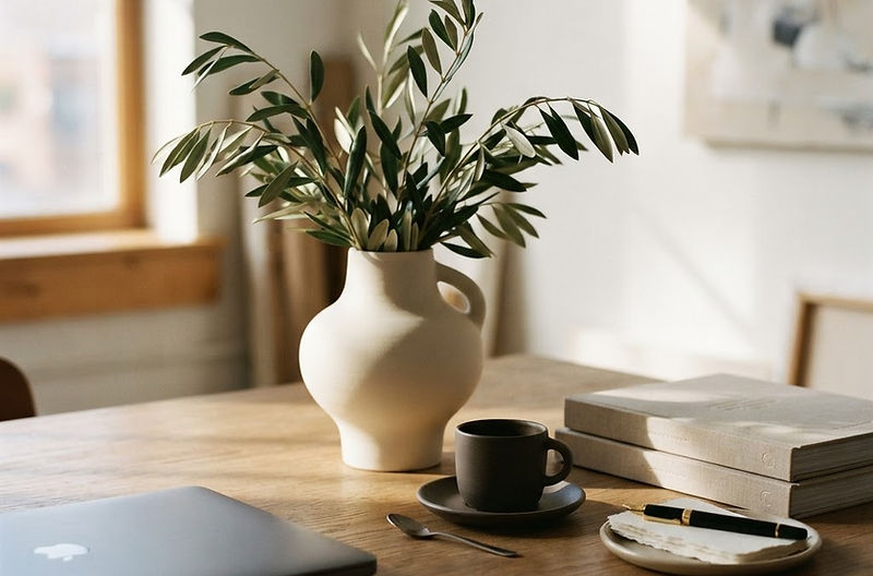 Art-directed studio still life with cream ceramic vase, olive branches and espresso coffee cup in warm directional light