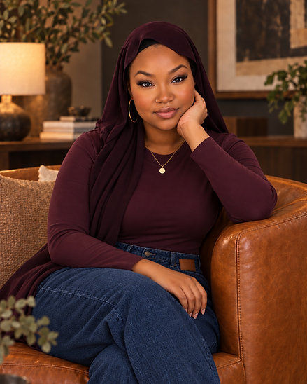 Adilah in a plum hijab and top with jeans, seated in a leather armchair in warm light