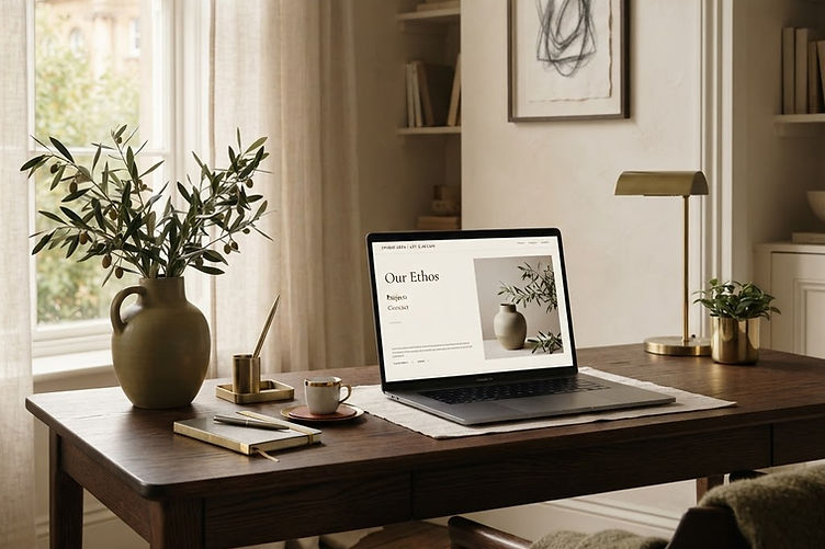 Elegant web design workspace with laptop, olive branches and gold accents