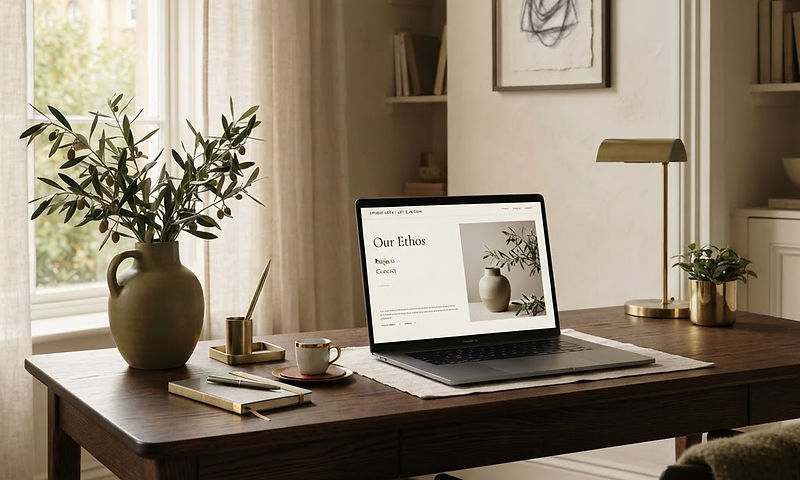 Elegant web design workspace with laptop, olive branches and gold accents