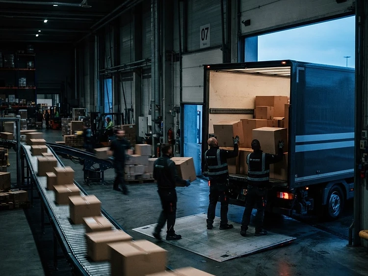 Shipping cartons being loaded at a warehouse dock
