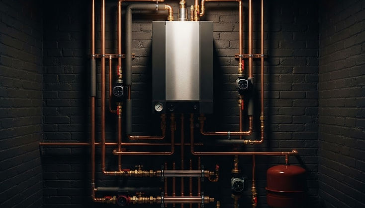 Moderne Heizungsanlage mit Kupferleitungen im Heizungsraum