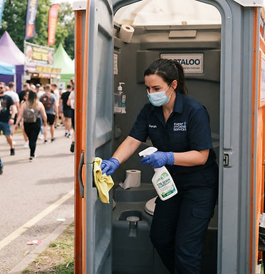 Reinigungskraft desinfiziert eine mobile Sanitäranlage bei einem Event