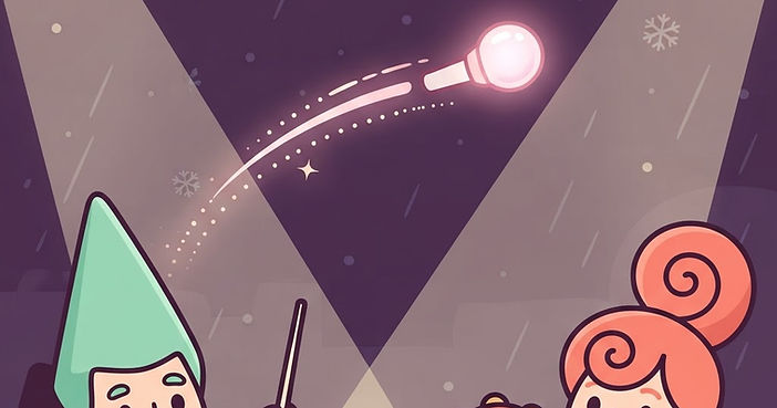Starlob share card: two cartoon performers on a purple concert stage, one with mint metronome hair holding a conductor baton and one with coral hair holding a tambourine, under a glowing starstick arc.