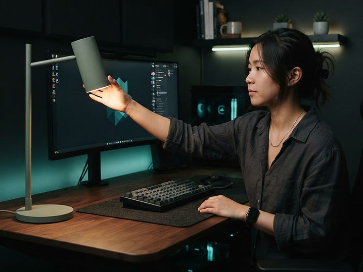 A gaming creator using a desk lamp in their gaming setup