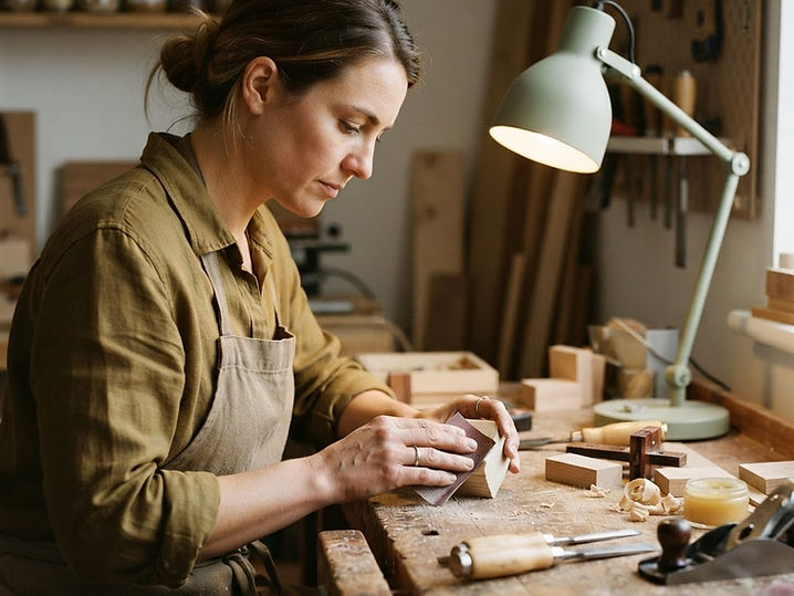 A hobby crafter working under a desk lamp at a workbench